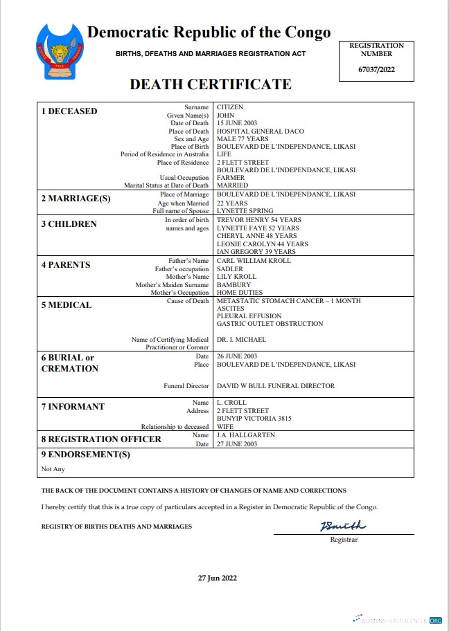 Download Democratic Republic of the Congo vital record death certificate Word and PDF template Photoshop template